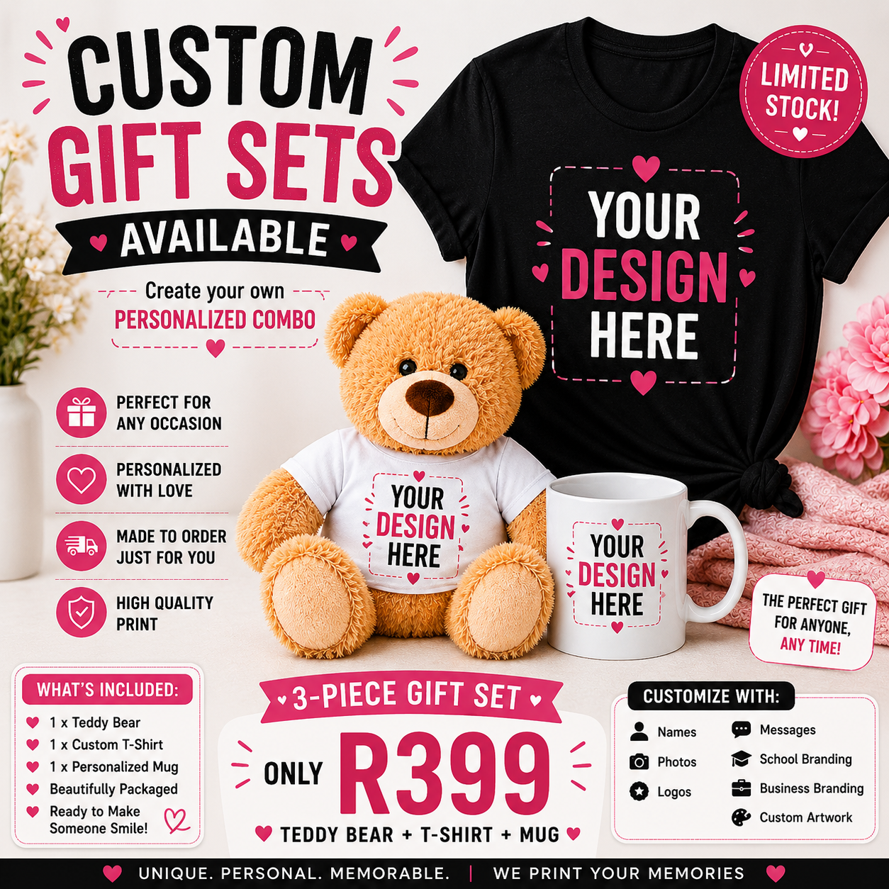 🎁 Custom 3-Piece Gift Set | Teddy + Mug + T-Shirt 🎁